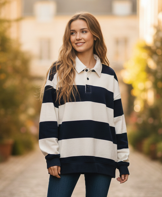 Sudadera Tipo Polo a Rayas – Estilo Náutico y Confort