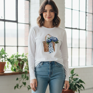 Camiseta Manga Larga Mujer Blanca – Estampado Flores Cesta