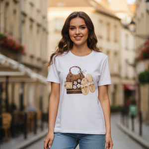 Camiseta Blanca Mujer Manga Corta - Diseño Bolso y Sandalias