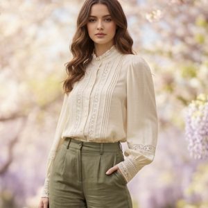 Blusa Romántica de Encaje Calado y Cuello Victoriano – Blanco Roto