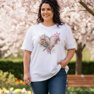 Camiseta mujer blanca algodón corazón flores acuarela