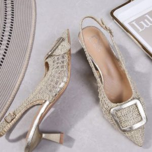 Zapatos Destalonados de tacón Baja Dorado y Hebilla Cuadrada