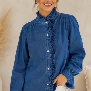 Blusa Vaquera con Volantes y Cuello Victoriano para Mujer