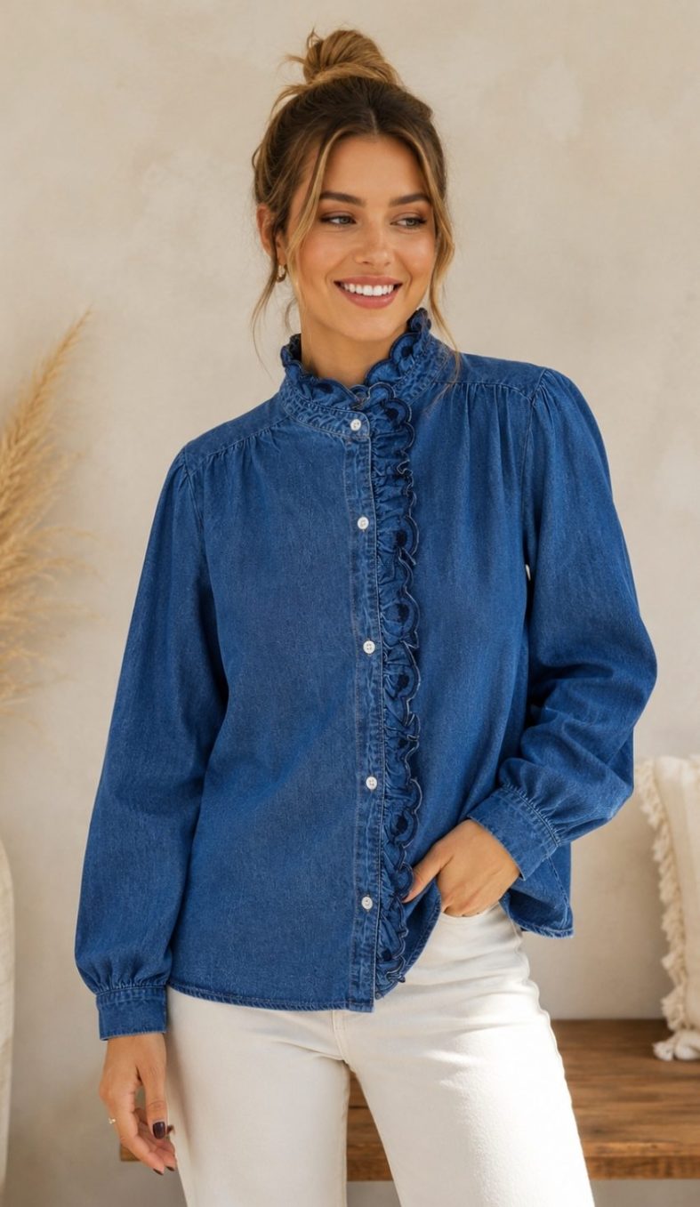 Blusa Vaquera con Volantes y Cuello Victoriano para Mujer