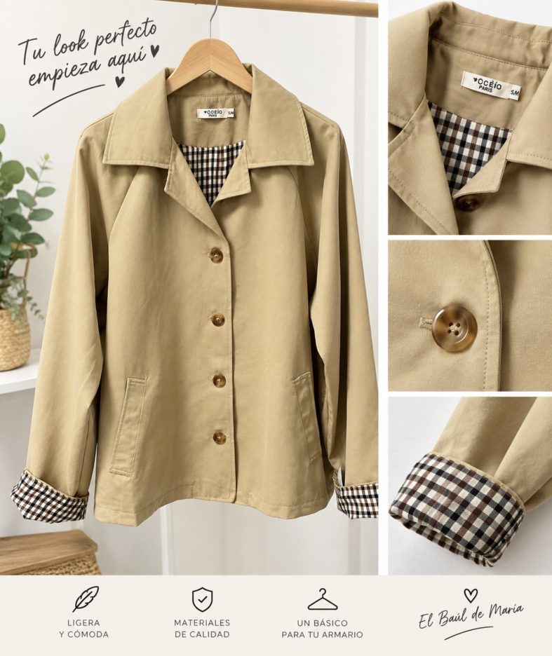Chaqueta Corta Beige de Mujer con Detalles en Cuadros Vichy - Imagen 2