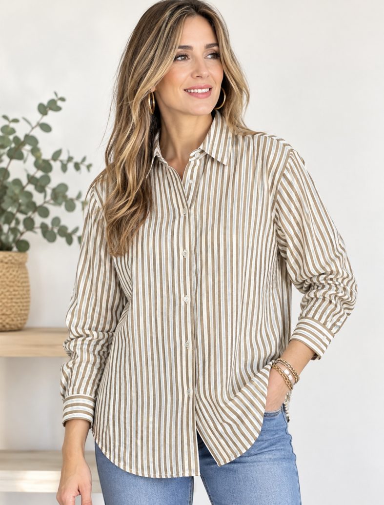 Camisa de Rayas Otoñales en Algodón Texturizado