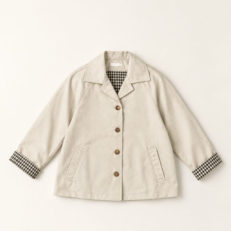 Chaqueta Corta Beige de Mujer con Detalles en Cuadros Vichy